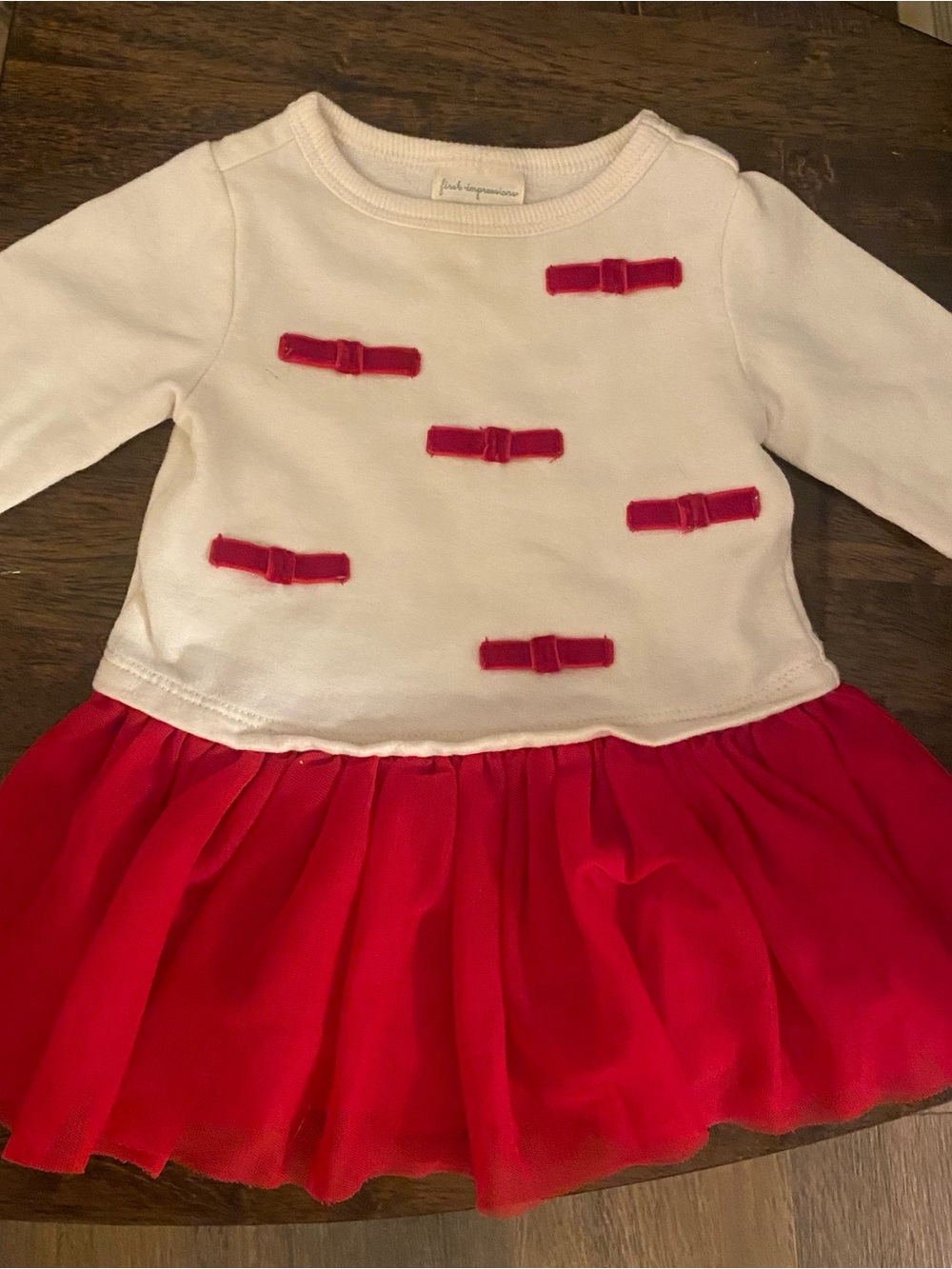 First Impressions Girls White & Red Tulle Dress with Long-Sleeves & Bow Accents